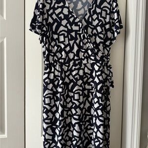 Susan Graver Navy and White Abstract Liquid Knit Faux Wrap Dress
